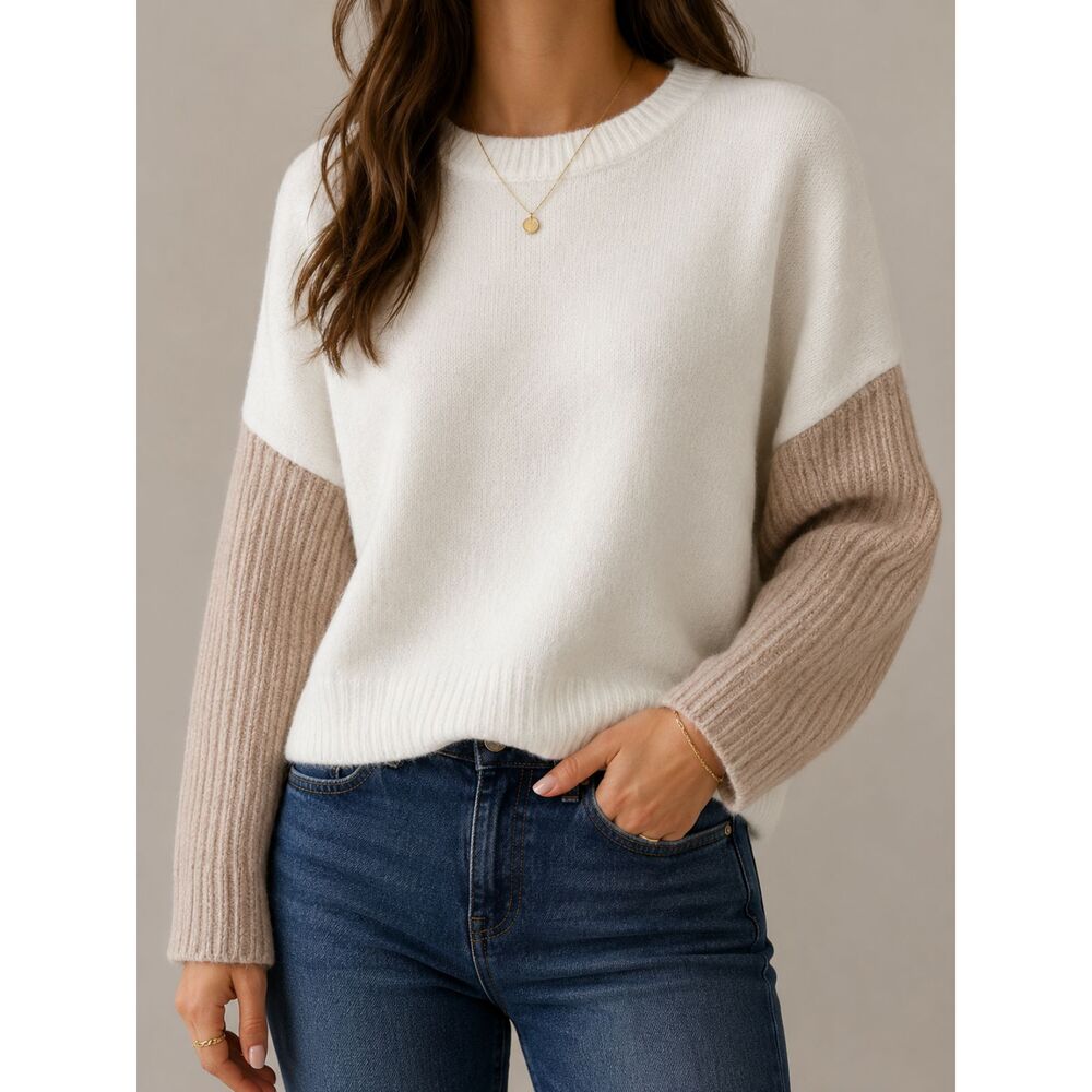 Lulus Colorblock Fuzzy Knit Sweater Small Cream Blush Rib Sleeve Cozy Neutral